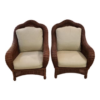 Ethan Allen Wicker Rattan Indoor Outdoor Chairs With Cushions - a Pair For Sale