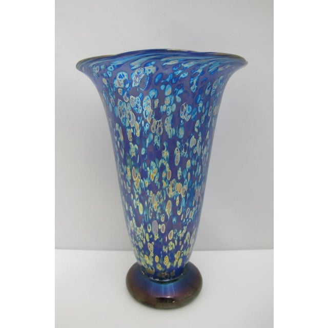 Donald Carlson Iridescent Blue Splatter Studio Art Glass Trumpet Vase For Sale - Image 4 of 11