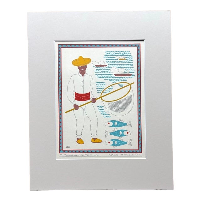 Carlos Mérida Silkscreen Print, "Pescadores... Michoacan" in 16" x 20" Mat, 1945 For Sale