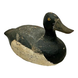Very Nice Large Size Antique American Hand Carved & Painted Wood Duck Hunters Working Decoy With Glass Eyes For Sale