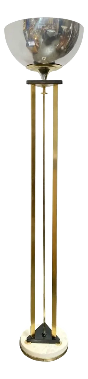 1980s Memphis Style Brass Chrome and Marble Torchiere Floor Lamp