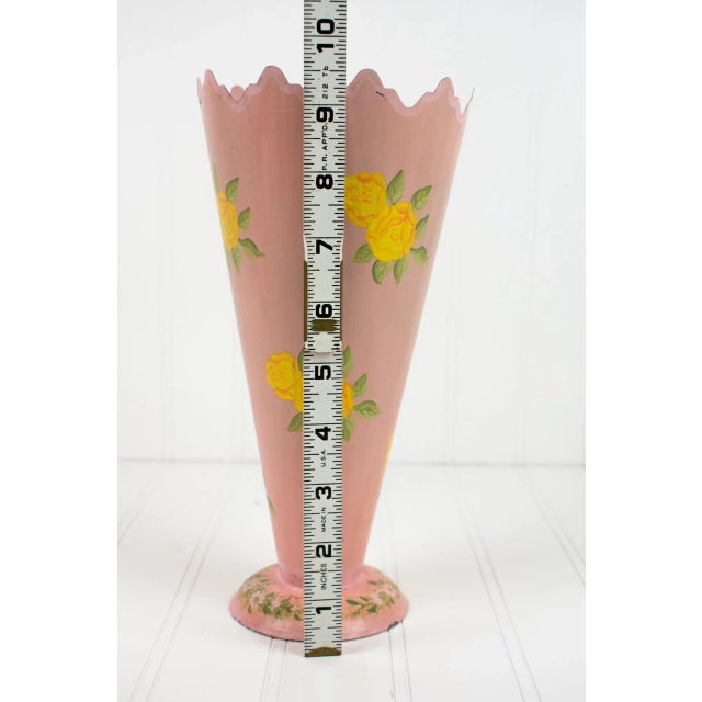 Vintage 1960's Pink With Yellow Flowers Metal Tin Vase For Sale - Image 11 of 12