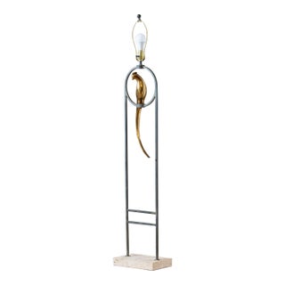 Vintage Sculptural Postmodern Brass Bird Floor Lamp in Steel & Travertine For Sale