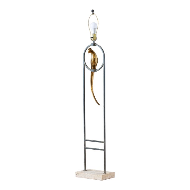 Vintage Sculptural Postmodern Brass Bird Floor Lamp in Steel & Travertine For Sale