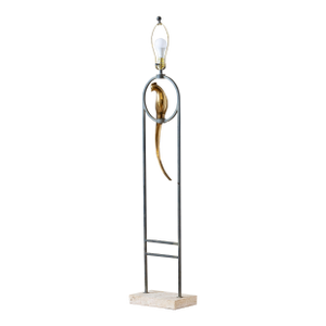 Vintage Sculptural Postmodern Brass Bird Floor Lamp in Steel & Travertine