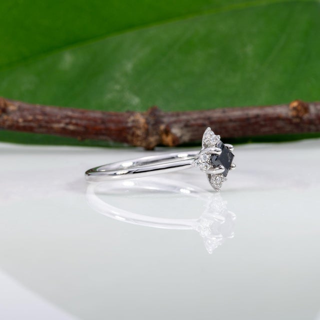 Metal Black Diamond Ring With Diamond Accents in Solid 14k Gold, Asscher Cut 3.6mm, Size 6.75 For Sale - Image 7 of 9