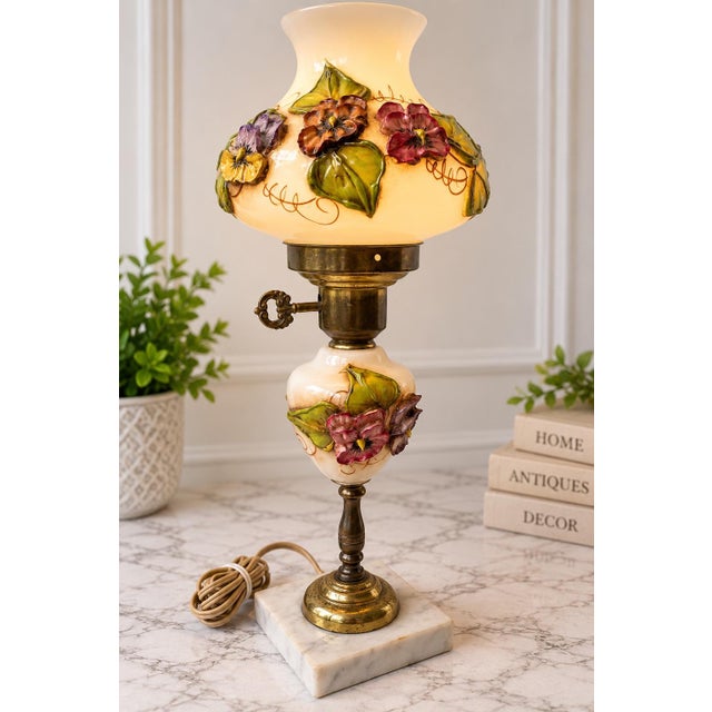 vintage "Gone with the Wind" (GWTW) style hurricane table lamp featuring raised, hand-painted floral motifs on milk glass...