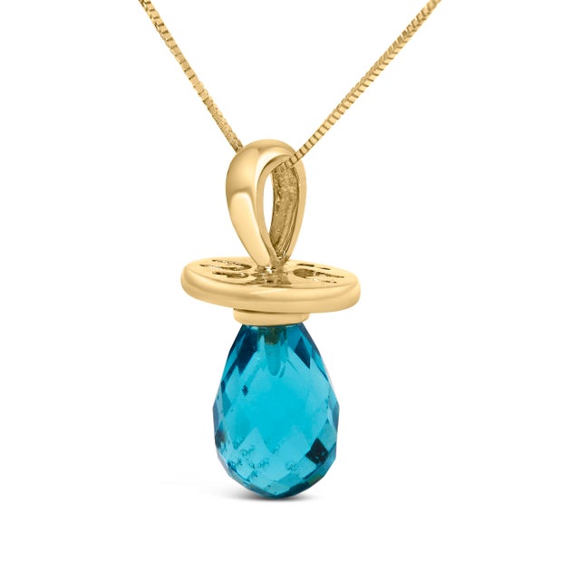 14K Yellow Gold and Blue Quartz Pacifier Pendant Necklace - 18" Inches For Sale - Image 4 of 5