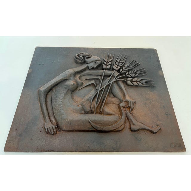 Modernist fireback depicting a woman with a belly and wheat teeth For Sale - Image 12 of 12