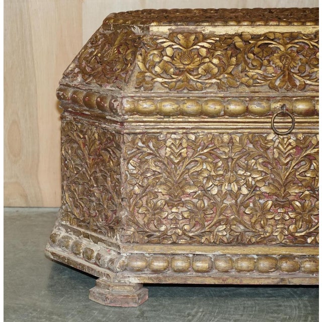 18th Century Indian Hand Carved & Painted Coffer Linen Trunk, 1780s For Sale - Image 3 of 18