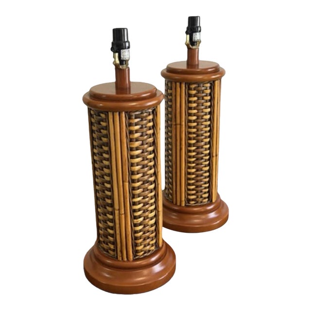 Vintage Bamboo and Woven Rattan Coastal Table Lamps - a Pair For Sale