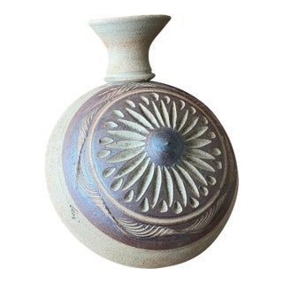 Southwestern / Native American Carved Flat Sided Water Jug earthenWare Pottery Vase -Signed For Sale