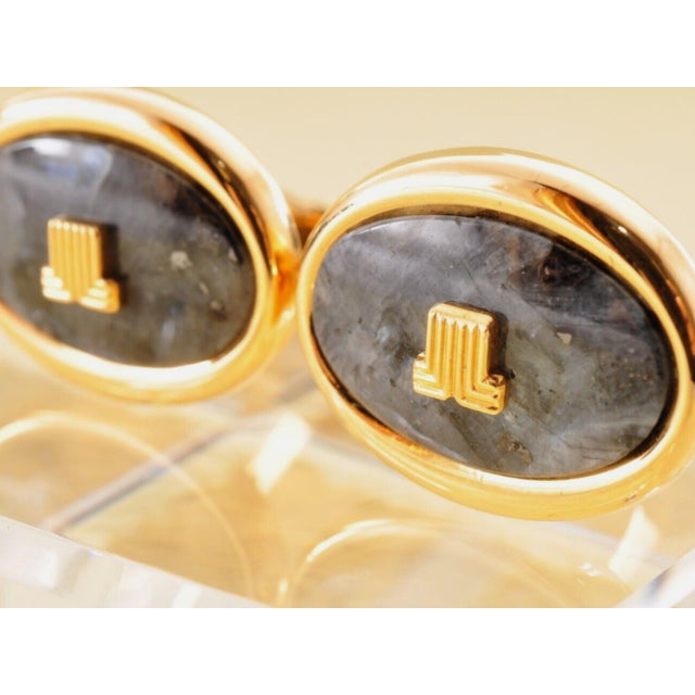 Late 20th Century "LANVIN" Vintage Cufflinks Labradorite Stone Gold Plate, Original Case, Circa 80 For Sale - Image 5 of 18