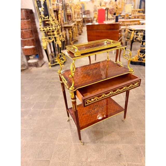 Bronze 1940s French Louis XVI Style Mahogany & Gilt Bronze Two-Tier Serving Table With Tray For Sale - Image 8 of 8