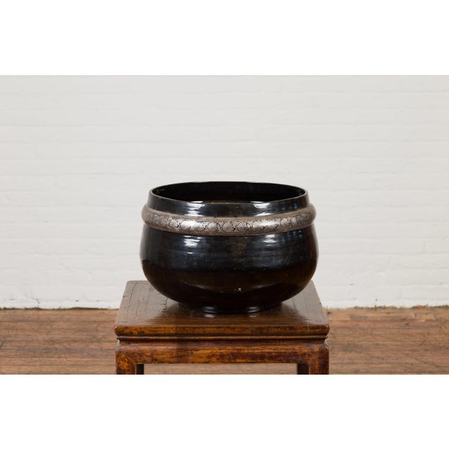Black Burmese Vintage Black Lacquer Bowl with Silver Toned Frieze of Palmettes For Sale - Image 8 of 12