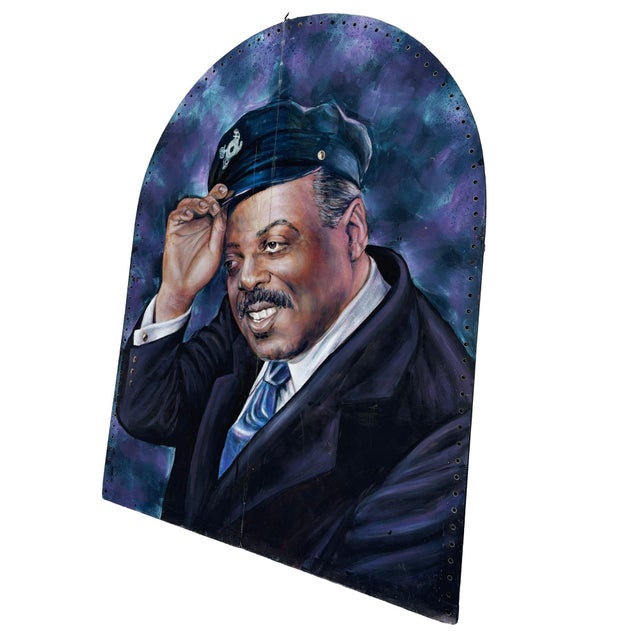 Large 10-foot tall artwork portrait of Duke Ellington oil painted on a canvas fixed to a wood folding screen featuring a...