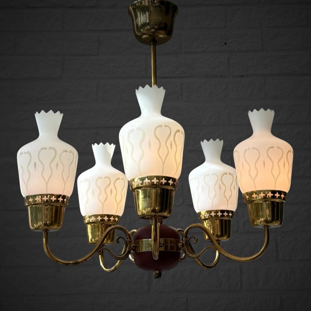 Mid-Century Modern Mid-Century Chandelier in Brass and Opal Glass, Sweden, 1950s For Sale - Image 3 of 14