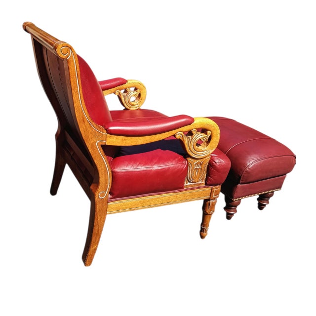Empire and William IV Periods Inspired Vintage Red Leather Armchair & Ottoman For Sale - Image 10 of 12