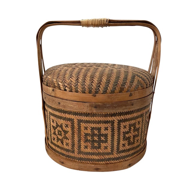 Chinese Vintage Hand Woven Chinese Wedding Basket Rattan & Wood 11" Lid. Country Rustic For Sale - Image 3 of 7