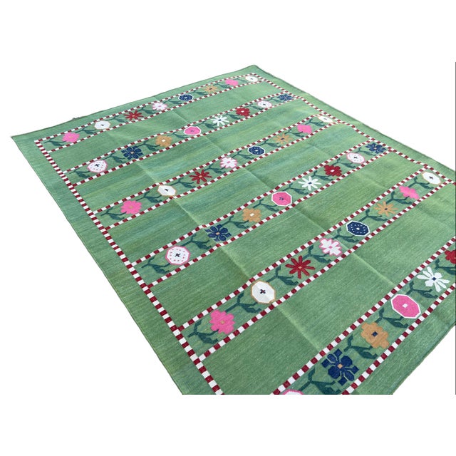 Textile Handmade Cotton Area Rug, Natural Vegetable Dyed, Green and Red Flower Patterned Dhurrie -5'x7' For Sale - Image 7 of 12