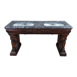 Antique English Victorian Mahogany & Marble Double Vanity Bathroom Sink