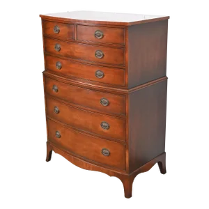 Kindel Furniture Georgian Mahogany Bow Front Highboy Dresser, Circa 1960s