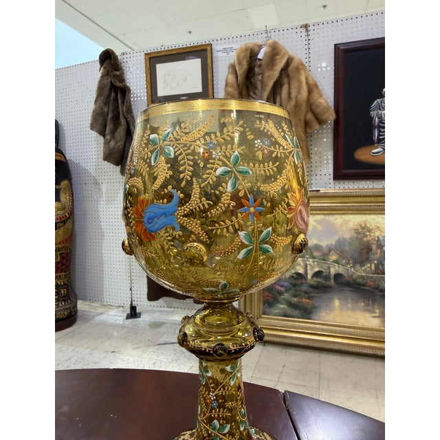 Art Deco Antique Moser Enamel and Gilt Glass Goblet, Bohemian Art Glass Chalice, 11.75 For Sale - Image 3 of 6