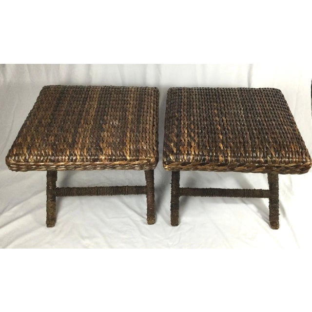 Natural Woven X Base Benches with Wrapped Rattan Legs - A Pair For Sale - Image 12 of 13