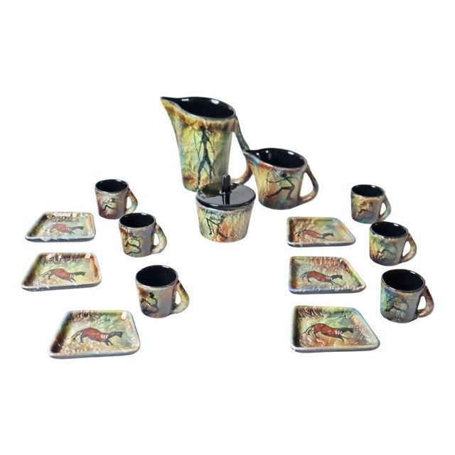 Espresso Service with Stone Age Painting for 6 from Lascaux, France 1960s, Set of 15 For Sale