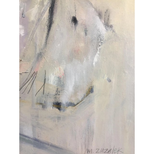 This expressive organic mixed media original painting that has layers of neutral tones and gestural marks in black white...