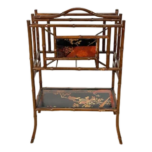 Vintage Chinese Chinoiserie Rattan Lacquered Magazine Record Stand