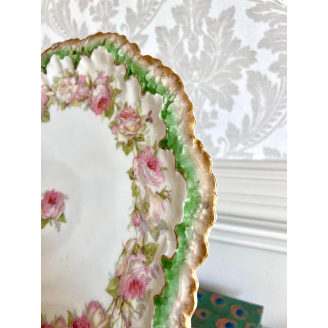 Victorian Antique A. Lanternier Limoges 12” Hand-Painted Pink Rose Plate With Green & Gold Scalloped Rim – France, Circa 1890s For Sale - Image 3 of 6