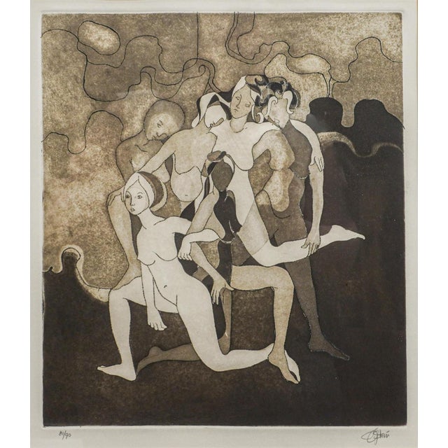 Etching with Aquatint depicting intertwined nude dancers, signed illegibly and numbered in pencil. Nicely framed. Artist:...