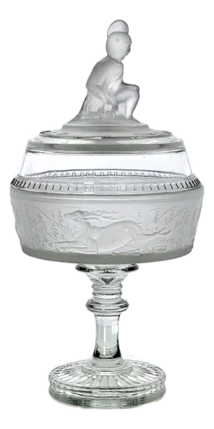 Eapg Gillinder & Sons “Westward Ho” Frosted Lidded Compote, 19th Century Pressed Glass 11.5"