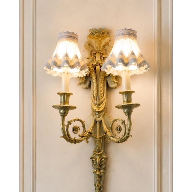 1860 French Artisan Louis XVI Gold Bronze Silk Sconces-Pair For Sale - Image 4 of 17