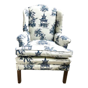 1990s Vintage Blue and White Pagoda Chinoiserie Fabric Upholstered Wingback Armchair