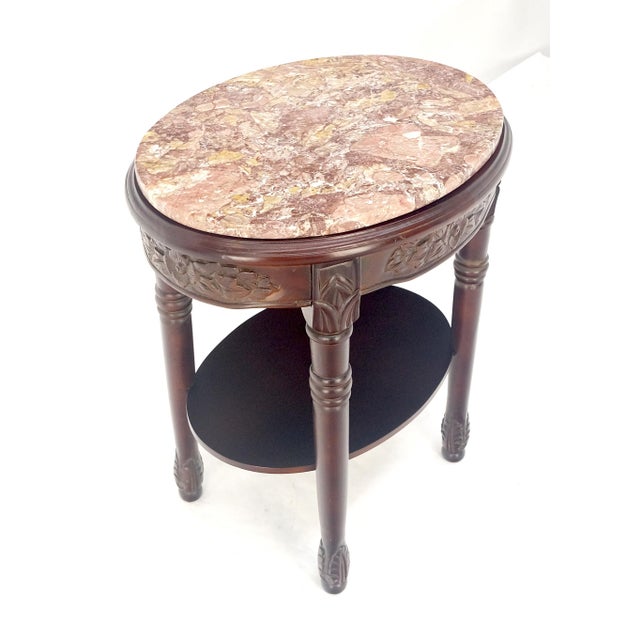 Fine Carved Solid Mahogany Marble Oval Marble Top Stand Pedestal Lamp Table MINT For Sale - Image 9 of 11