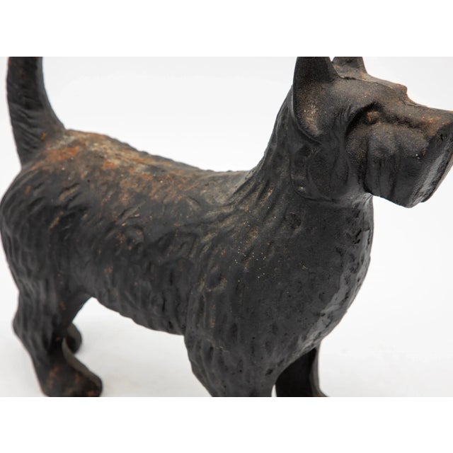 A cast iron door stop in the shape of a Scottie dog. A lovely example of cast iron English door stops, this dog features...