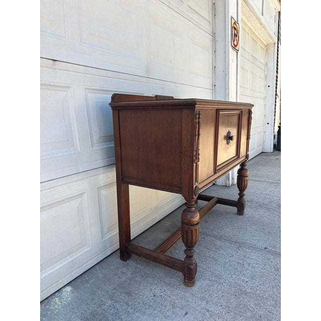 Vintage Jacobean Revival Cabinet | Antique Tudor Style Walnut Server Console | Dark Academia Sideboard For Sale In New York - Image 6 of 11