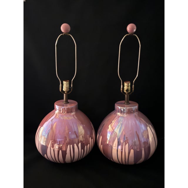 Mid-Century Modern 1970s Lavender Iridescent Drip-Glaze Pottery Table Lamps - A Pair For Sale - Image 3 of 3