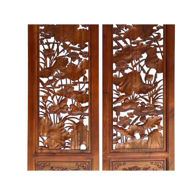 Brown 4 Pcs Chinese Brown Stain Lotus Pond Ducks Fishes Wood Panel Floor Screen For Sale - Image 8 of 9