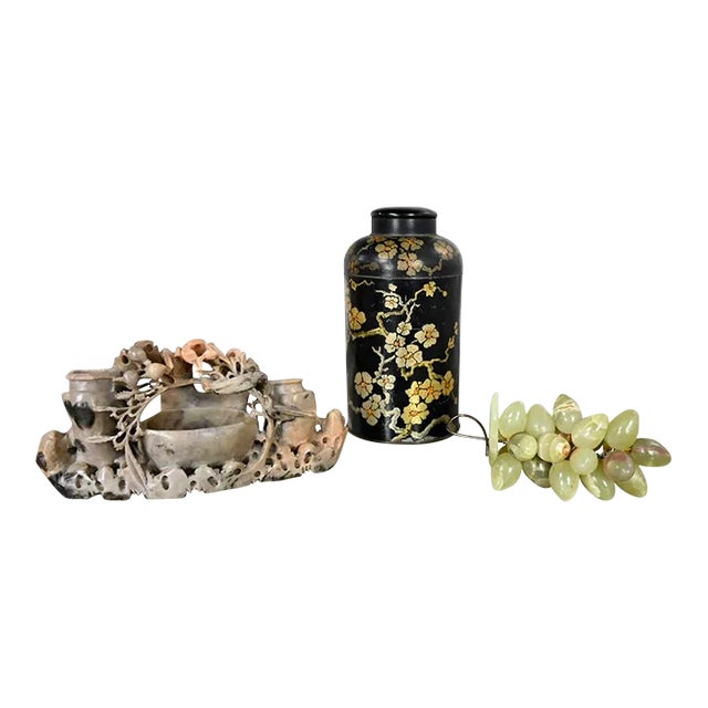 Chinoiserie Vignette Including Soap Stone Carving Tin Tea Canister & Jade Color Stone Grapes For Sale