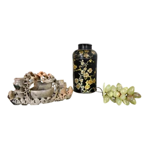 Chinoiserie Vignette Including Soap Stone Carving Tin Tea Canister & Jade Color Stone Grapes