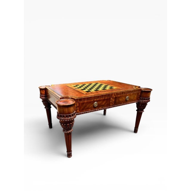 Maitland - Smith Maitland-Smith Leather Top Game Table W/ Chess & Backgammon, Carved Legs & Drawers For Sale - Image 4 of 13