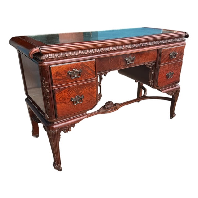Antique Louis XV Revival Carved Mahogany Desk With Mirrored Top For Sale