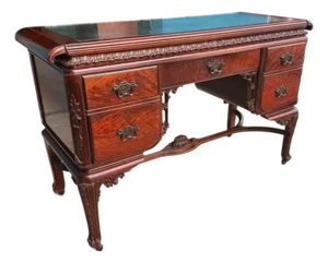 Antique Louis XV Revival Carved Mahogany Desk With Mirrored Top