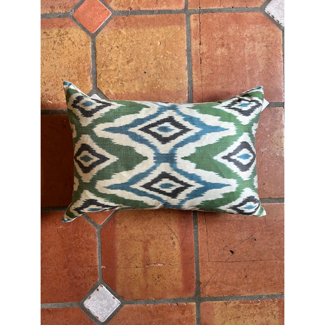 Textile Silk Green and Blue Ikat Pillow For Sale - Image 7 of 7