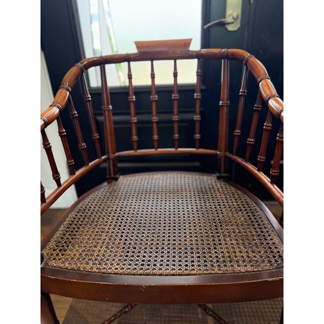 Pair of Baker Furniture Attributed Faux Bamboo Barrel Back Armchairs With Original Cane Seats & Cushions For Sale - Image 10 of 18