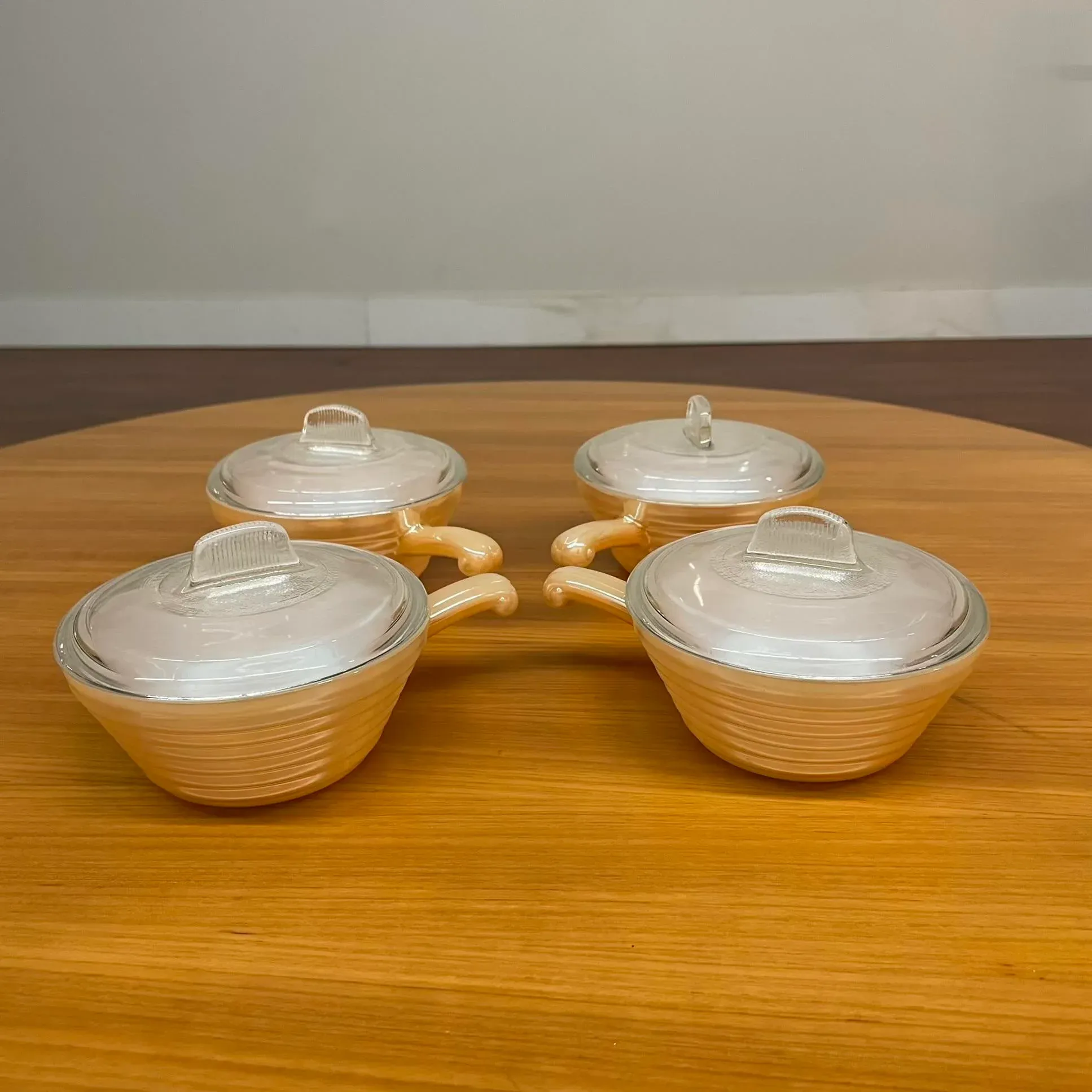 Set of 4 Vintage Fire-King Peach Luster Oven-Safe Bowls With Lids