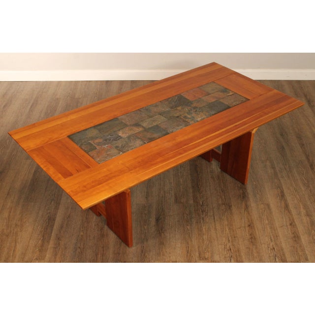 Traditional Studio Custom Crafted Slate Top Cherry Trestle Dining Table For Sale - Image 3 of 13